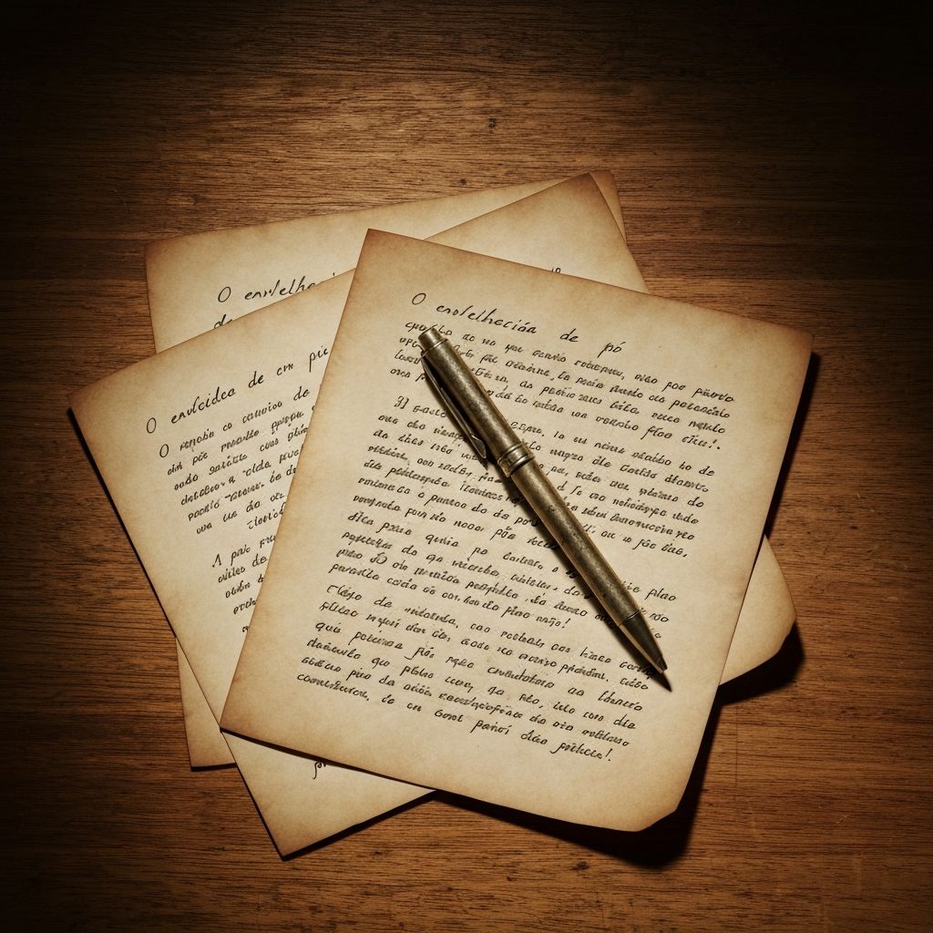 Folhas de papel envelhecidas com texto manuscrito e uma pena de escrita antiga sobre uma mesa de madeira rústica, iluminadas por luz natural lateral, evocando pesquisa e registo de conhecimento