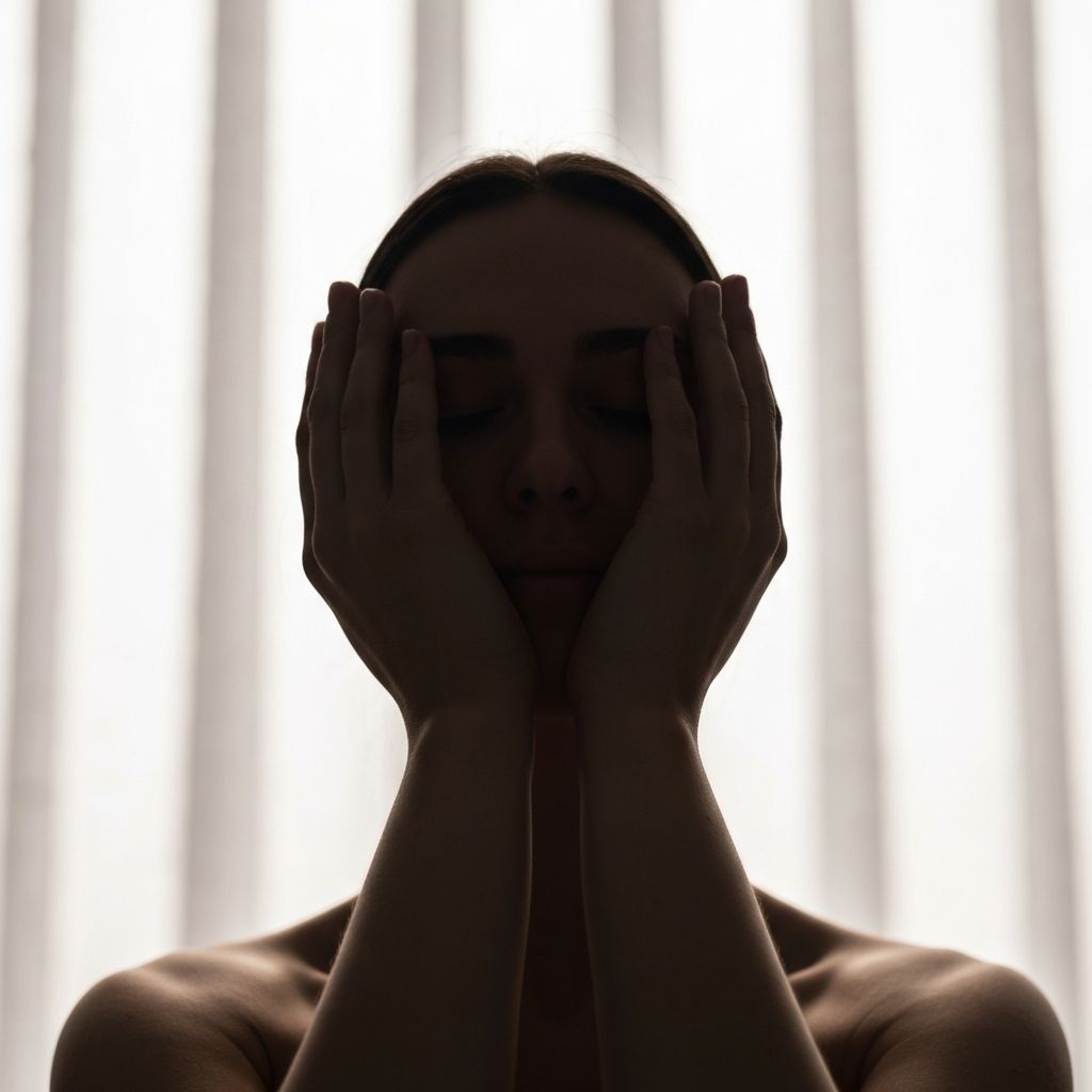 Silhueta de mãos em repouso sobre o rosto com luz difusa suave ao fundo, transmitindo paz e introspecção, sem rostos visíveis, foco na forma e na tranquilidade