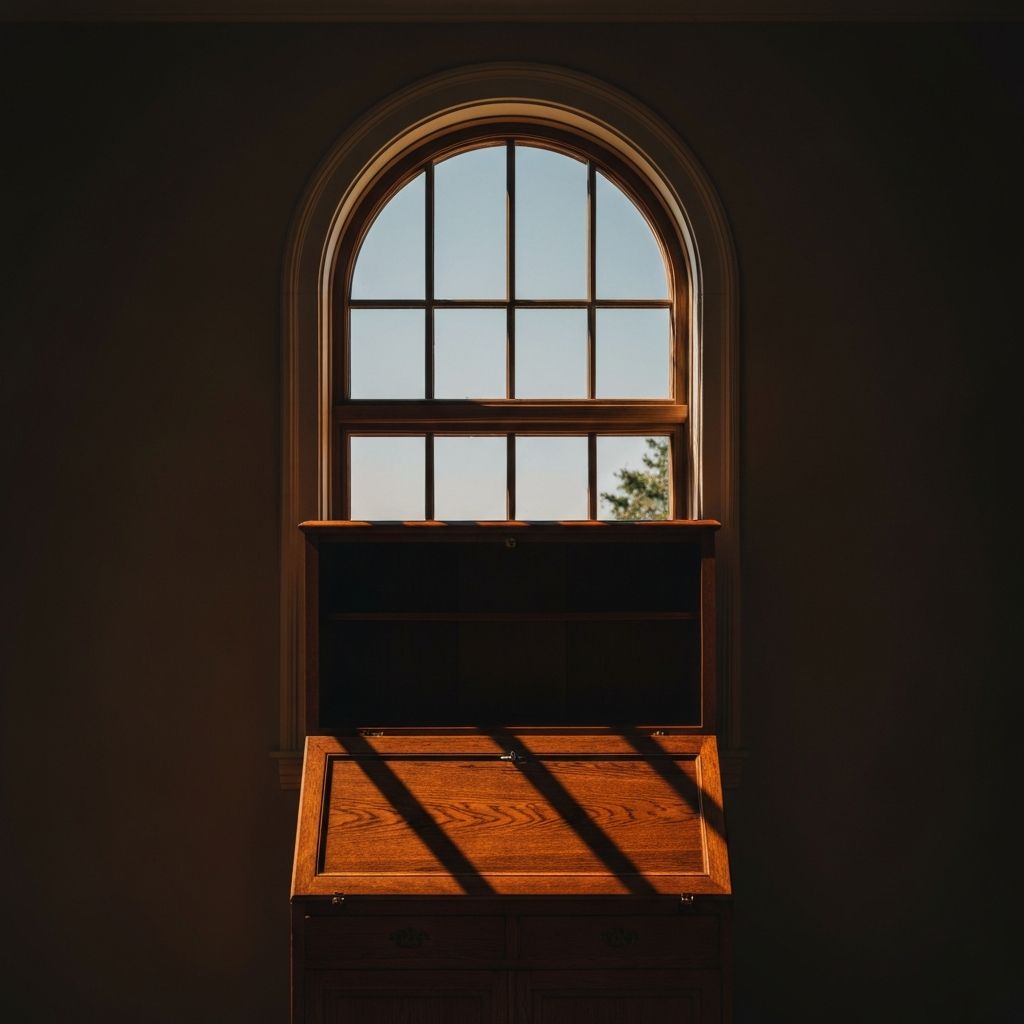 Janela ampla com luz natural intensa a inundar uma secretária de madeira vazia, criando sombras nítidas e gradações de luz, sem pessoas, focando na qualidade e textura da iluminação natural