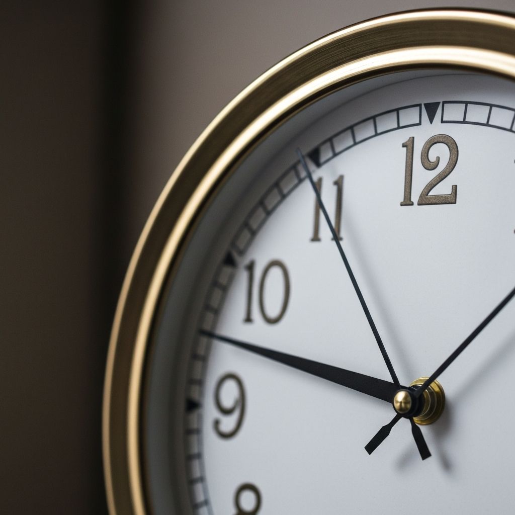 Relógio de parede clássico em close-up com mostrador branco e ponteiros pretos, detalhes metálicos dourados visíveis, sobre fundo levemente desfocado, simbolizando o tempo e a cadência das pausas