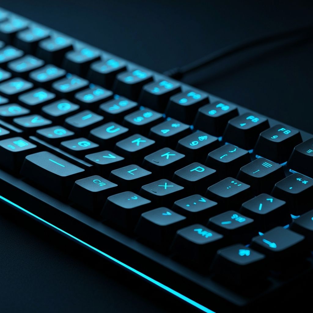 Plano detalhado de um teclado de computador iluminado em ambiente escuro com luz azulada suave proveniente do ecrã, sem pessoas visíveis, focando na textura e no ambiente tecnológico