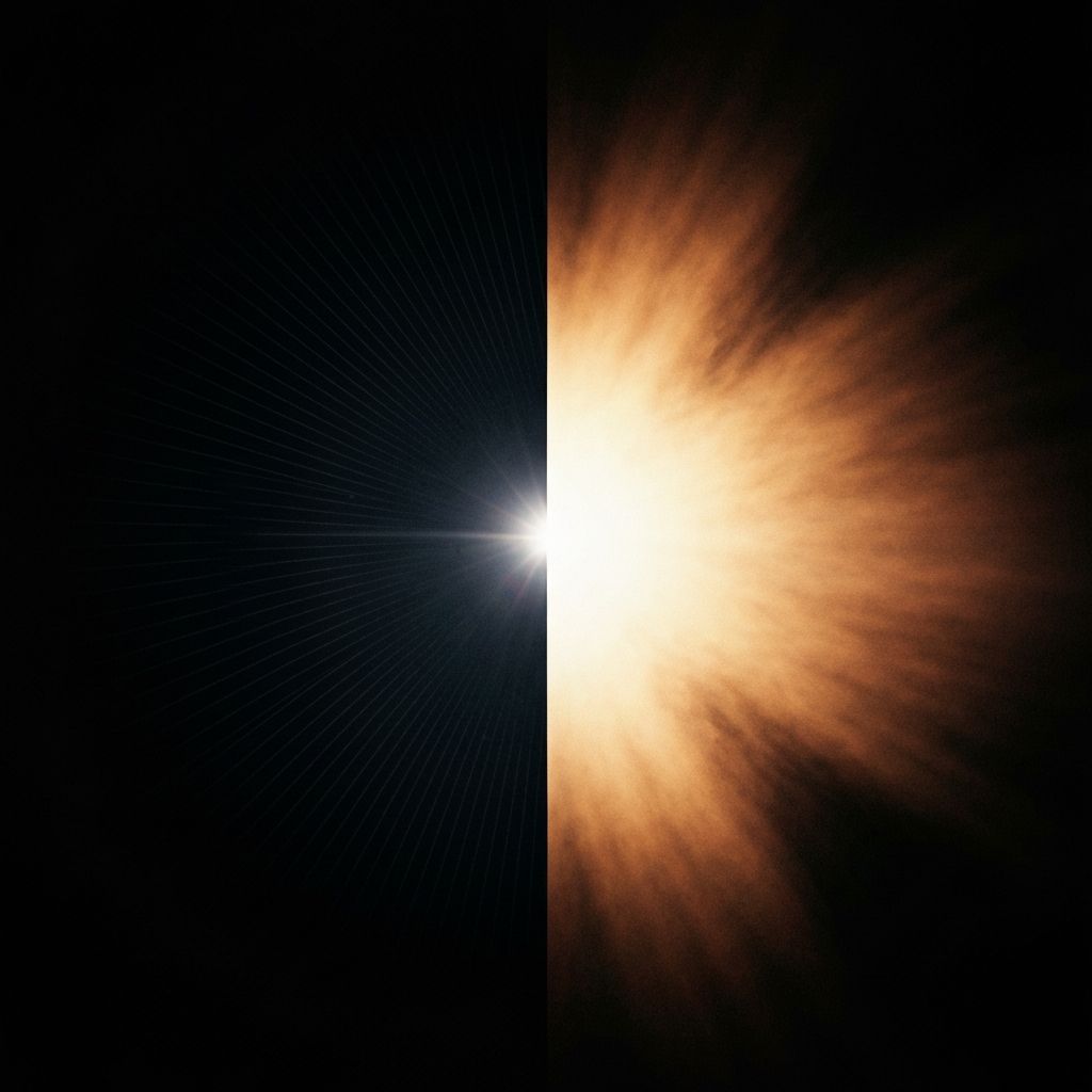 Padrão abstrato de luz e sombra com texturas contrastantes, metade da imagem nítida com raios de luz definidos e a outra metade em névoa difusa, simbolizando a dualidade entre clareza e confusão