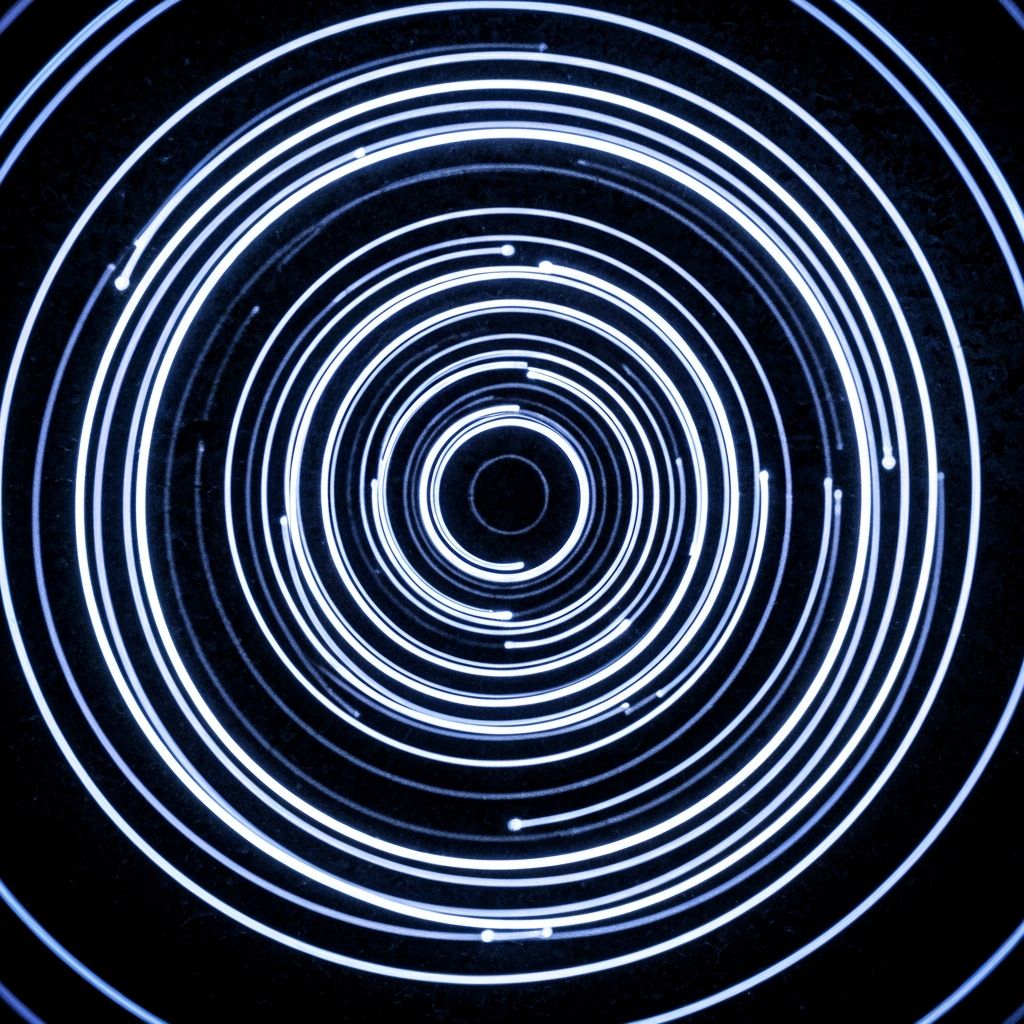 Padrão circular abstrato formado por espirais de luz sobre superfície escura texturada, representando a trajetória de movimentos rotativos em forma de ondas concêntricas