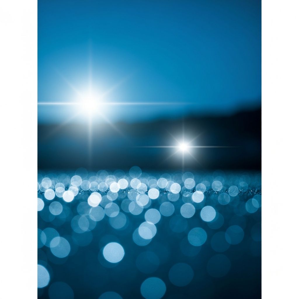 Ilustração abstrata de dois pontos de luz focados a diferentes distâncias sobre fundo desfocado em bokeh azul escuro, representando o conceito de focagem alternada entre distâncias