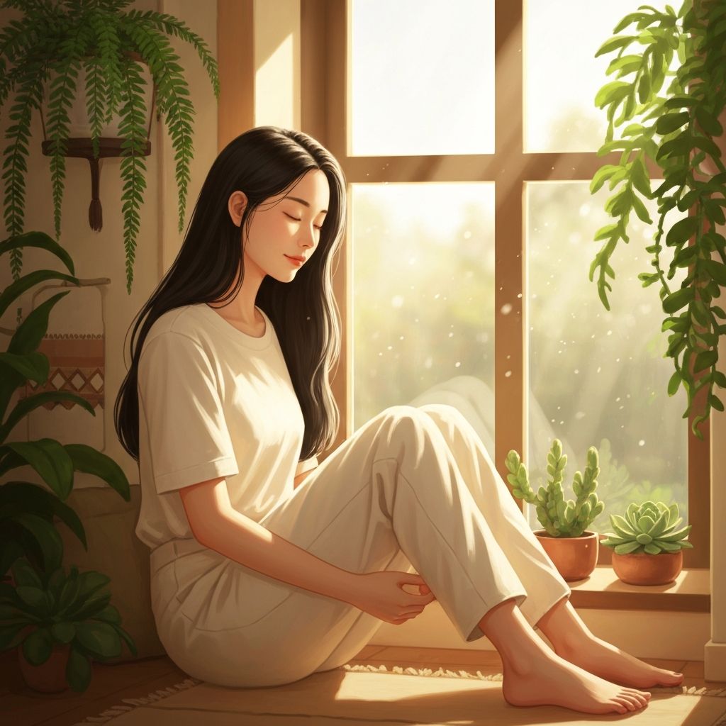 Cena serena de uma pessoa sentada junto a uma janela com luz natural suave, olhos fechados em estado de repouso meditativo, rodeada por plantas verdes e ambiente tranquilo com tons quentes